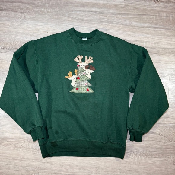 Jerzees Other - Vintage 90s Jerzees Christmas Sweatshirt Tree Applique Holiday Green Mens Medium